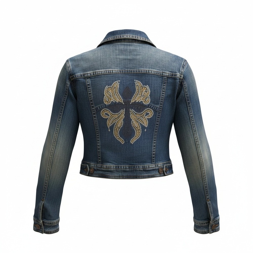 Caren Sport Denim Jacket Womens 3X S/M Blue Rhinestone Cross Cropped Stretch
